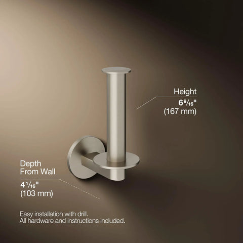 Vertical Toilet Paper Holder In Brushed Nickel Finish For Easy Refill And Modern Bathroom Coordination Part Of Components Collection With Durable Steel Mount And Slim Wall Post, dimensions labeled.