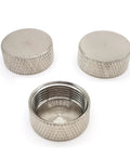 Three nickel-plated coax adapter dust caps for SO239 UHF PL259 and Type N Female Connectors on white background.