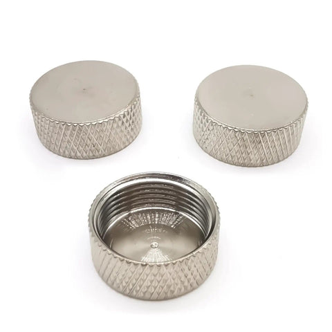 Three nickel-plated coax adapter dust caps for SO239 UHF PL259 and Type N Female Connectors on white background.