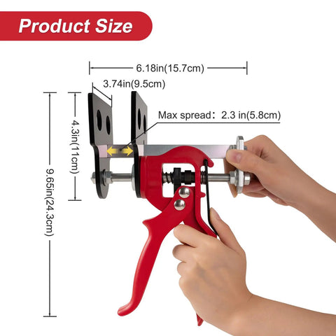 Person using Brake Caliper Compression Tool For 4 Piston Calipers, Quick Pad Replacement, Works On Single Dual And Quad Calipers, Compatible With Most Cars And Light Trucks, Heavy Duty Pad Spreader In Red, showing dimensions.