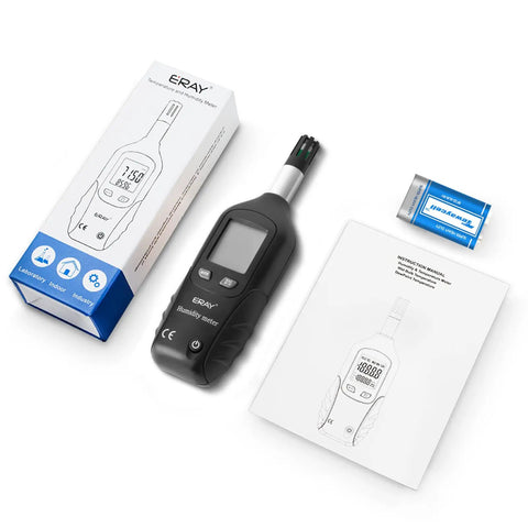 Two In One Digital Psychrometer Thermometer Hygrometer With Backlight For Humidity Temperature Wet Bulb And Dew Point Monitoring Real Time Air Moisture Reader black handheld unit with box, manual, and battery