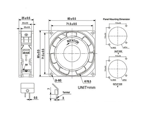 80x80x25mm Axial Flow Cooling Fan For Industrial Cabinets 220V Power 0.10 0.06A Draw High Airflow Ventilation Fan For Electronics Durable Cabinet Cooling Solution Quiet Operation And Reliable Heat Removal. technical dimension drawing of 80x80x25mm axial fan