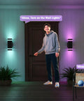 Person using Alexa to control Up Down Outdoor Wall Light Sconce with Remote Control RGB Color Changing LED on porch.