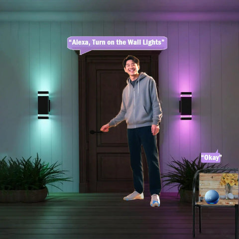 Person using Alexa to control Up Down Outdoor Wall Light Sconce with Remote Control RGB Color Changing LED on porch.