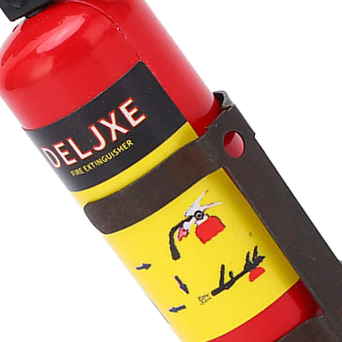 Badass Scale RC Car Mini Fire Extinguisher Decor Gadget With Plug And Play Sticker Mounts Vivid Simulation Detail For Axial SCX10 WPL MN Series Ride Ready Red Upgrade close-up view of detailed extinguisher prop.