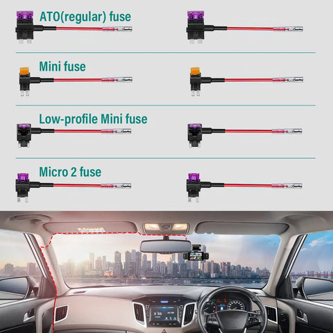 Dash cam hard wire kit with ATO, mini, low-profile, and Micro2 fuses for Hard Wire Kit For Dash Cams N5 N5 Pro N6 N7 C3 Pro C4 Pro Q7 N9