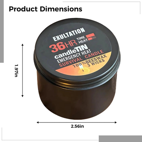 8 Pack Emergency Candles With 3 Wick Plant Wax Burn Delivers 36 Hour Light for Power Outages Camping Hiking and Storms in a Durable Black Container shown with dimensions