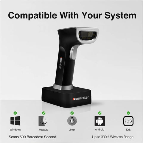1D And 2D Wireless Barcode Scanner With Bluetooth And 2.4G Modes Handheld QR Code Reader For iOS Android Windows Mac on stand