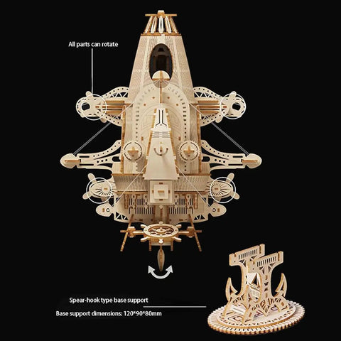 Epic 3D Wooden Puzzle Kit for a Steampunk Spaceship Airship Model Build, assembled view with rotating parts on base support.