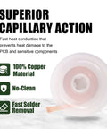Desoldering Solder Wick Braid Set spool showing 100% copper material and no-clean design for PCB solder removal.