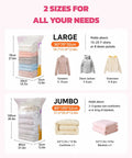Two Large and Two Jumbo No-Pump Compression Bags for Clothes and Blankets, Vacuum-Free Storage Solution infographic.