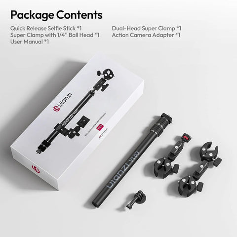 Invisible Quick Release Selfie Stick Motorcycle Mount Kit With 40 Inch Adjustable Extension Pole And Dual Head Clamp