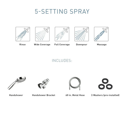 Image showing 5 spray settings and components of Ignite Chrome Handheld Shower Head With 2.5 GPM High Pressure Spray Five Settings Easy Install