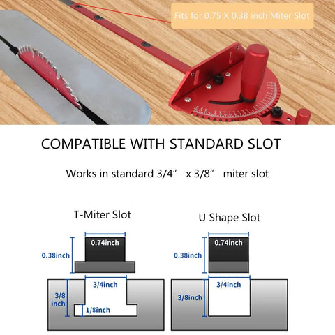 Upgraded Multifunction Table Saw Miter Gauge With Solid Aluminum Head And Steel Plate Adjustable Cross Cut Guide For Table Saws Router Tables And Band Saws Heavy Duty Woodworking Accessory Red showing compatibility with standard miter slot.