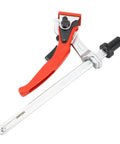 Quick Acting Hold Down Clamp For Woodworking Benches shown with red handle and alloy steel build, 160mm clamping width.