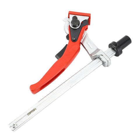 Quick Acting Hold Down Clamp For Woodworking Benches shown with red handle and alloy steel build, 160mm clamping width.