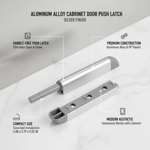 Push To Open Cabinet Latch Handle Free Rebounder For Kitchen And Wardrobe Doors Aluminum Alloy Silver Finish