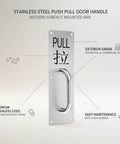 Stainless Steel Push Pull Door Handle For Exterior Front Doors Surface Mounted Bar Hardware Perfect For Homeowners Pros And Property Managers Fits Wood Glass And Fire Doors, 304 stainless, 11.81 x 3.94 in