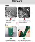 Comparison showing Super Portable Foldable Rain Barrel against other materials, highlighting quick installation and PVC three-layer mesh.