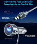 Heavy Duty Portable DC Power Cable And Cigarette Lighter Adapter Delivering Trail Tested 12V To 48V Car Charger Compatible With Starlink Mini System Offering Usb C Pd 140W And Usb A Qc 35W Ports For Trucks And RVs with digital voltage gauge.