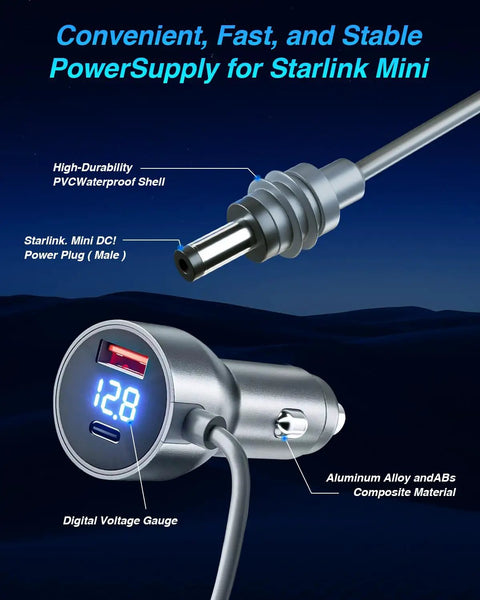 Heavy Duty Portable DC Power Cable And Cigarette Lighter Adapter Delivering Trail Tested 12V To 48V Car Charger Compatible With Starlink Mini System Offering Usb C Pd 140W And Usb A Qc 35W Ports For Trucks And RVs with digital voltage gauge.