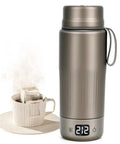 Pure Titanium Electric Kettle For Travel With Smart Dual Voltage 110V-240V, Portable Compact Water Boiler 380Ml, Adjustable Temperature Settings And Auto Shut Off Protection For Tea Coffee Brewing On The Go Safe Durable with digital display and steaming cup.