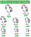 8 different stainless steel hose clamps from the 210 Piece Stainless Steel Worm Gear Hose Clamp Set With Sizes From One Quarter Inch To Two Inches 6mm To 51mm Heavy Duty Clips For Auto Marine And DIY Plumbing Projects displayed in a diagram with size labels.
