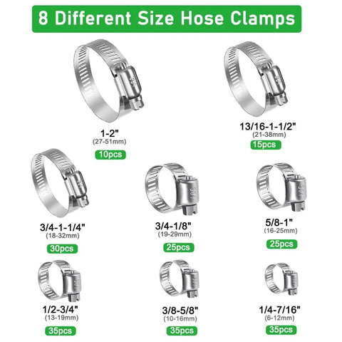 8 different stainless steel hose clamps from the 210 Piece Stainless Steel Worm Gear Hose Clamp Set With Sizes From One Quarter Inch To Two Inches 6mm To 51mm Heavy Duty Clips For Auto Marine And DIY Plumbing Projects displayed in a diagram with size labels.