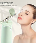Facial Oxygen Spray Machine High Pressure Nano Steamer with 0.3mm nozzle used on woman's face for deep hydration skincare