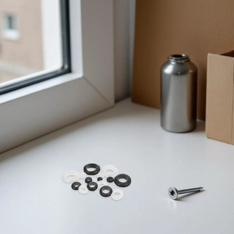 Rock Solid 180 Piece Rubber Grommet Kit With Nylon Washers For Waterproof Cable Sealing And Wire Protection. Perfect For Electrical Wiring, Plumbing Projects, And Home Insulation. Keeps Moisture Out While Guarding Cables In Any Damp Environment. Heavy. black and white rubber grommets with nylon washers and screw on a windowsill