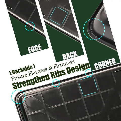 Backside view showing edge, back, and corner of Six Piece Square Plastic Stepping Stone Molds For Concrete Pavers 12 By 12 Inch Deep 1.73in Reusable DIY Form Kit For Garden Path Walkway Patio And Outdoor Landscaping Projects. Strengthen ribs design visible.