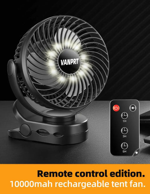 Six Inch Portable Hanging RV Tent Fan With Remote Control LED Light And Timer 10000mAh Battery Delivers Up To 40 Hours Run Time