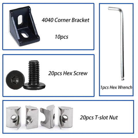 10 Piece 90 Degree Corner Bracket Set For 4040 Aluminum Extrusion 8mm Slot Solid Cast Steel Built To Last Rust Resistant Heavy Duty Black Finish Includes M6 T Nuts For Secure Positioning, showing components including corner bracket, hex screw, wrench, and T-slot nut.