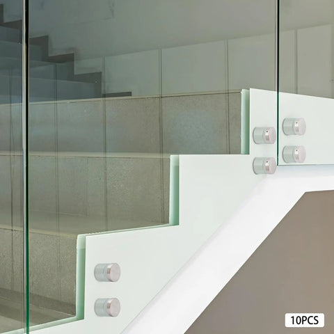 10 Pack 304 Stainless Steel Glass Railing Standoffs With Slick Wire Draw Texture mounted on glass staircase panels.