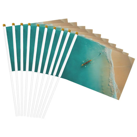 Rowing Team Handheld Flags On Sticks Ocean Sea Landscape Mini Flags For Parades Parties Team Activities And Holiday Decor Great For School Events Boat Races And Game Day Team Spirit 10 Pack displayed with ocean print.