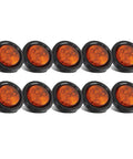 10 Amber 2 Inch Round Sealed LED Clearance Marker Light Kit With Four LEDs DOT Approved Reflective Round Trailer Side Marker Lamps Flush Mount With Grommets And Wire Pigtails displayed together.