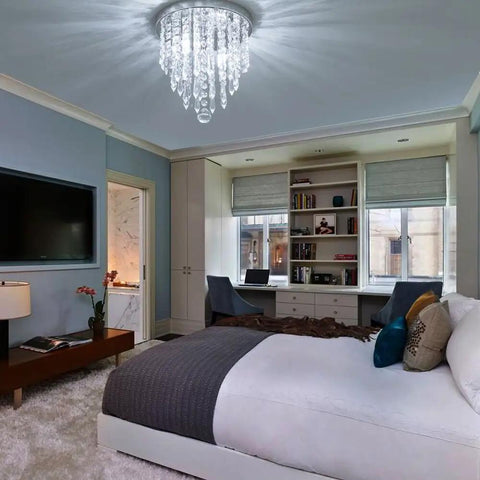 Bedroom with Mini Crystal Chandelier Two Lights Flush Mount Ceiling Light for Bedroom Hallway Bar Kitchen Bathroom Lit Modern Chandelier Lighting Fixture 10.4 Inches High, 8.66 Inches Wide Uses 2 G9 LED Bulbs Not Included, illuminating modern decor