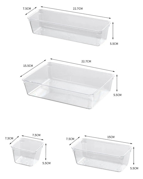 4 Pack Clear Drawer Organizers Set With Stackable Modular Bins Slim Profile For Kitchen Utensils Makeup And Office Supplies Interlocking Edges Non Slip Base Fits Dresser And Bathroom Cabinets, showing different bin sizes with measurements.