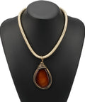 Bold Resin Stone Pendant Necklace With Long Rope Chain For Women Dope Statement Jewelry With Jeweled Metal Wire Accent Durable Wear Fashionable Costume Accessory In Rich Brown on black bust display