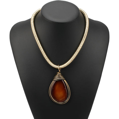 Bold Resin Stone Pendant Necklace With Long Rope Chain For Women Dope Statement Jewelry With Jeweled Metal Wire Accent Durable Wear Fashionable Costume Accessory In Rich Brown on black bust display