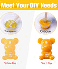 Teexpert epoxy resin pigment paste set; two yellow bear-shaped resin samples labeled Little Dye and Much Dye