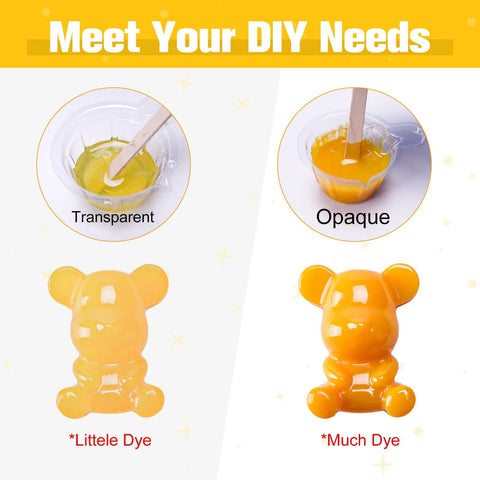 Teexpert epoxy resin pigment paste set; two yellow bear-shaped resin samples labeled Little Dye and Much Dye