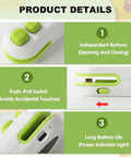 Rechargeable 2 In 1 Bag Sealer With Cutter showing independent buttons and battery life indicator, crocodile design
