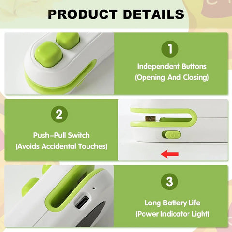 Rechargeable 2 In 1 Bag Sealer With Cutter showing independent buttons and battery life indicator, crocodile design