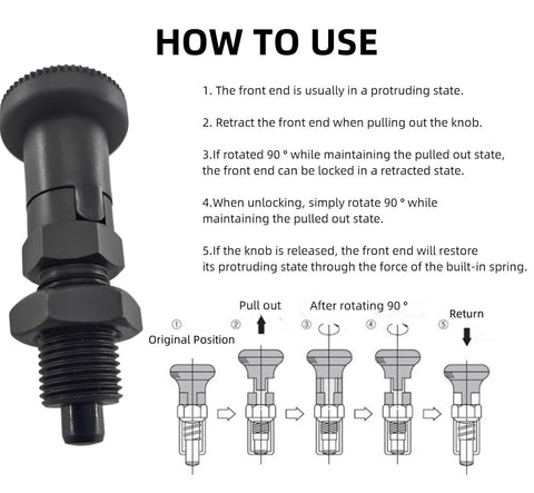 Two Pack Push Fit Ball Nose Spring Plungers With M12x1.5 Threads Carbon Steel Self Locking Indexing Plungers With Knob Positioning Pin And Lock Nut For Industrial Equipment Built Tough For Precise Adjustments And Quick Locking shown with usage instructions and diagrams.