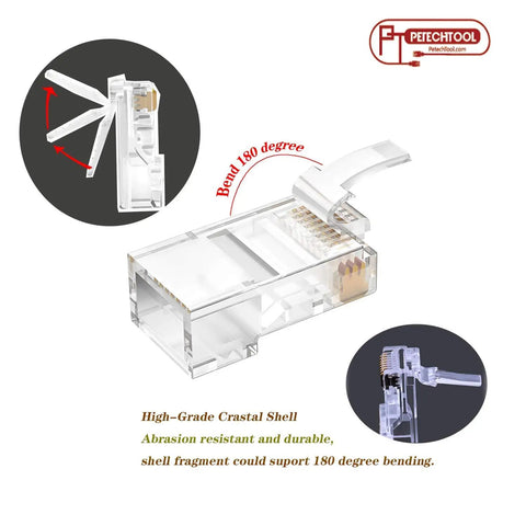 RJ45 Cat5/6 Pass Through Ethernet Connectors 8P8C Modular Plugs For Solid Or Stranded UTP Cable 24AWG close-up with bending capability
