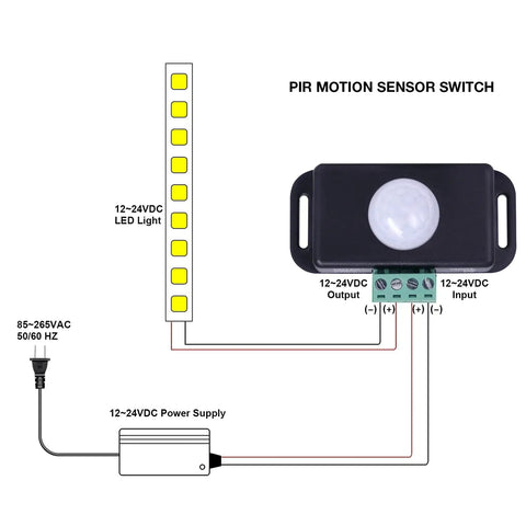 PIR Motion Sensor LED Light Switch With Adjustable 1 To 10 Minute Timer 8 Meter Detection 12 Volt And 24 Volt Input Infrared Controller For LED Strips Sign Lighting No Fuss Auto On Auto Off wiring diagram