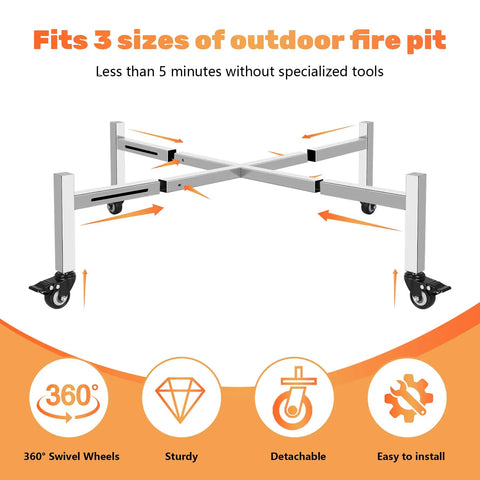 Illustration showing Universal 15-27 Inch Fire Pit Stand With Wheels Stainless Steel Adjustable Retractable Base features
