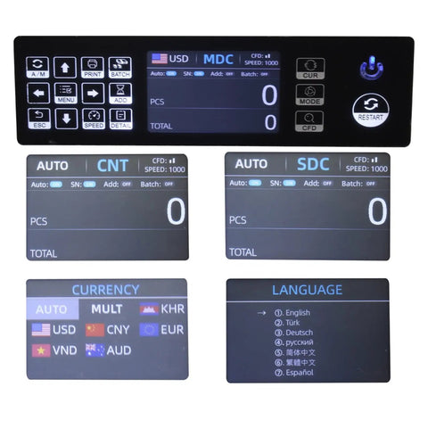 Slick Money Counter Workhorse With Touchscreen Sensor For Mixed Bill Sorting Heavy Duty Counterfeit Detector display panel with currency options.
