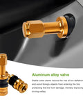 Close-up of gold Tubeless Metal Clamp In Valve Stems 5 Piece Set for 0.453 Inch Rim Holes showing aluminum alloy material.